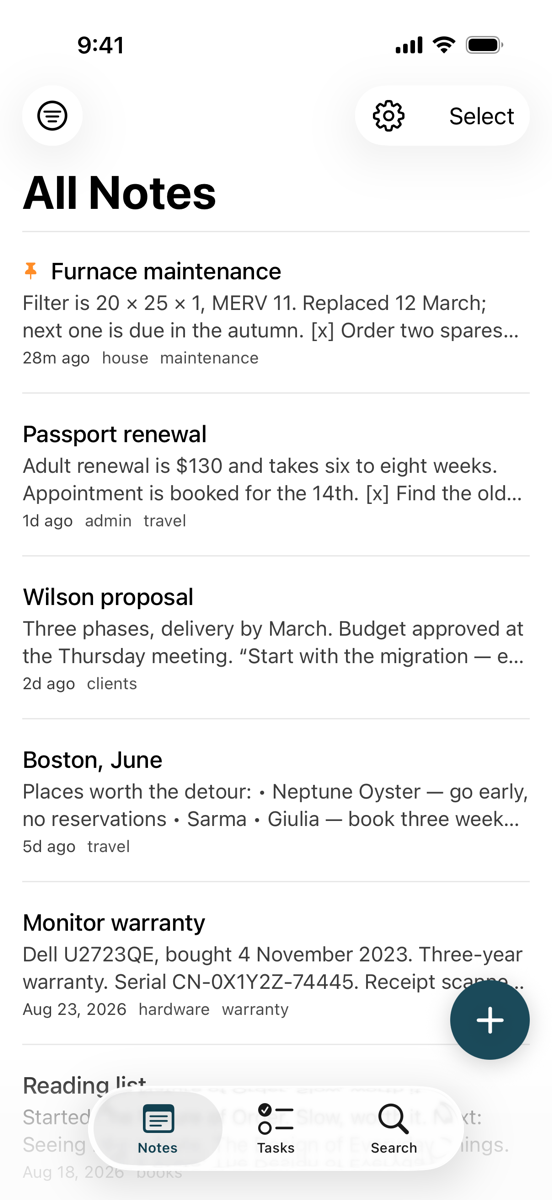ClearNote on iPhone, showing the All Notes list: six notes with their first lines, ages and tags, a round capture button over them, and Notes, Tasks and Search tabs along the bottom.