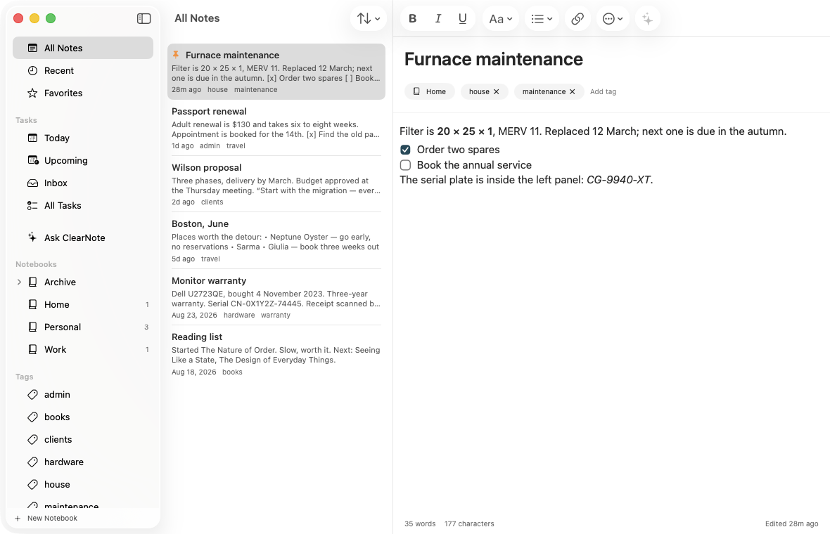 The ClearNote editor on macOS, showing a note with a checklist beside the notebook sidebar and the note list.