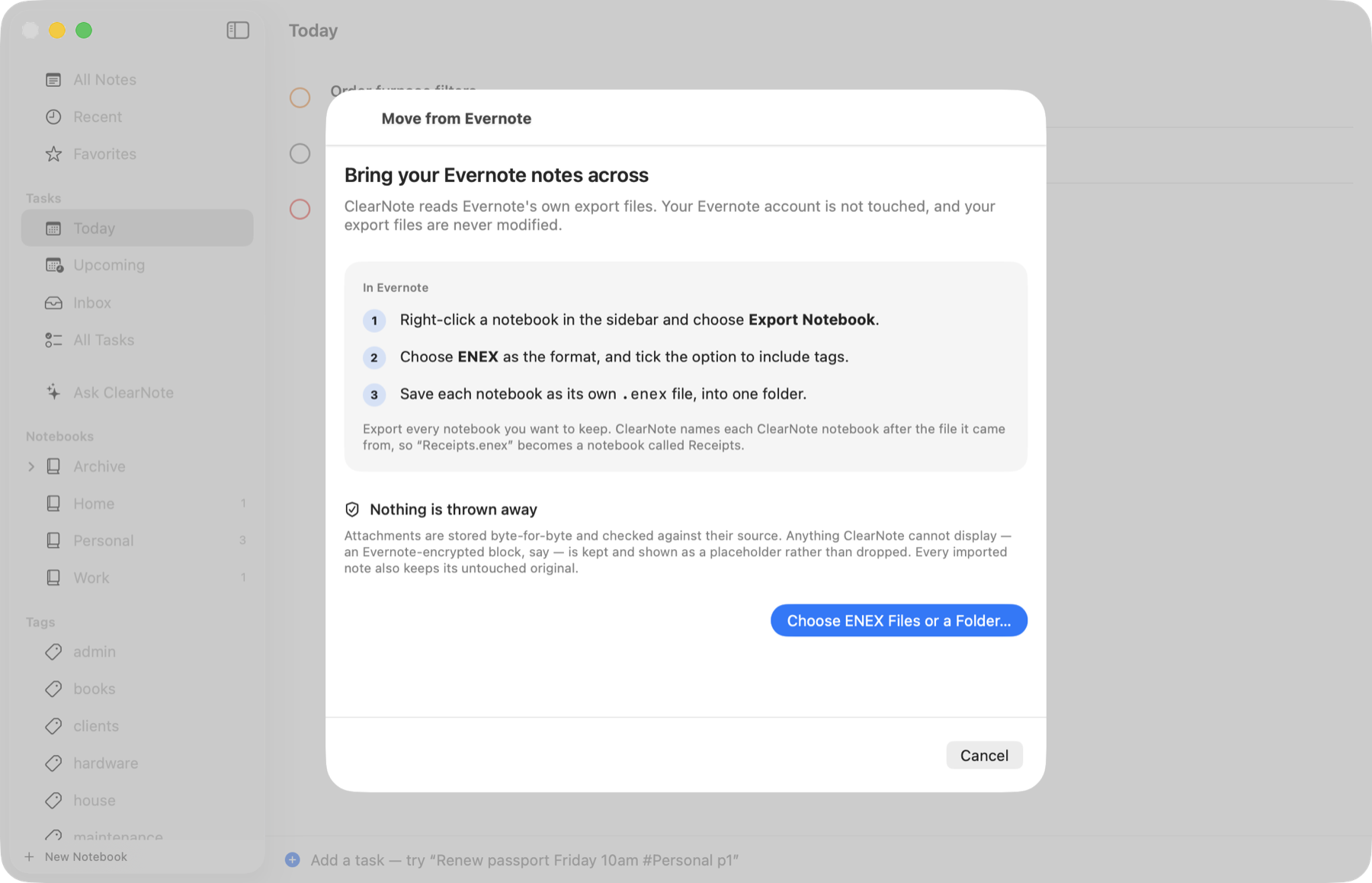 ClearNote’s migration wizard on macOS, showing the three steps for exporting from Evernote and a panel headed “Nothing is thrown away”.