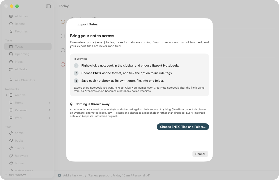 ClearNote’s import wizard, explaining how to produce an export file before any file is chosen.