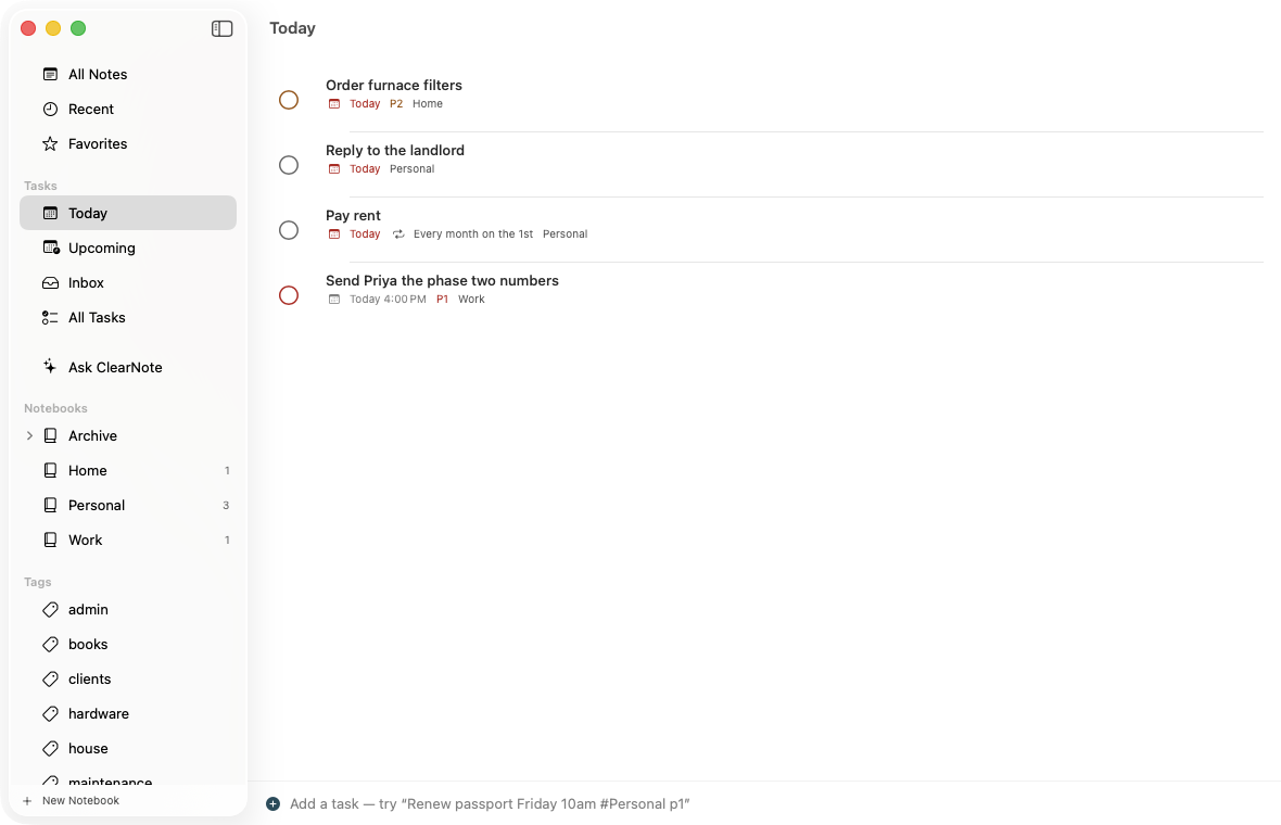 ClearNote’s Today view on macOS, listing the tasks due today with their due times, priorities and projects, above a field for typing a new one.